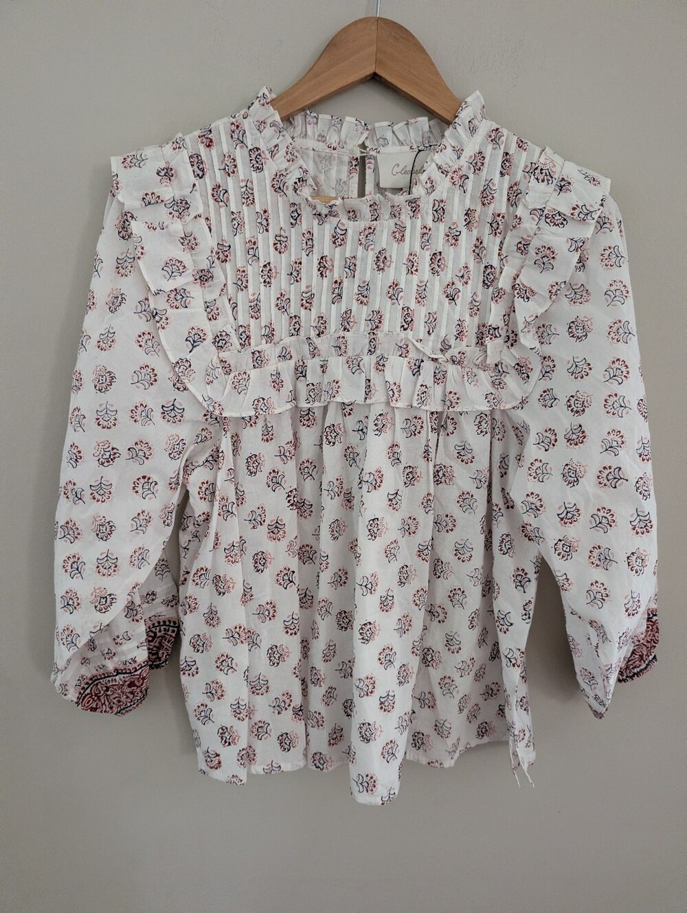 Cleobella White Floral Blockprint Ruffle Blouse Size S